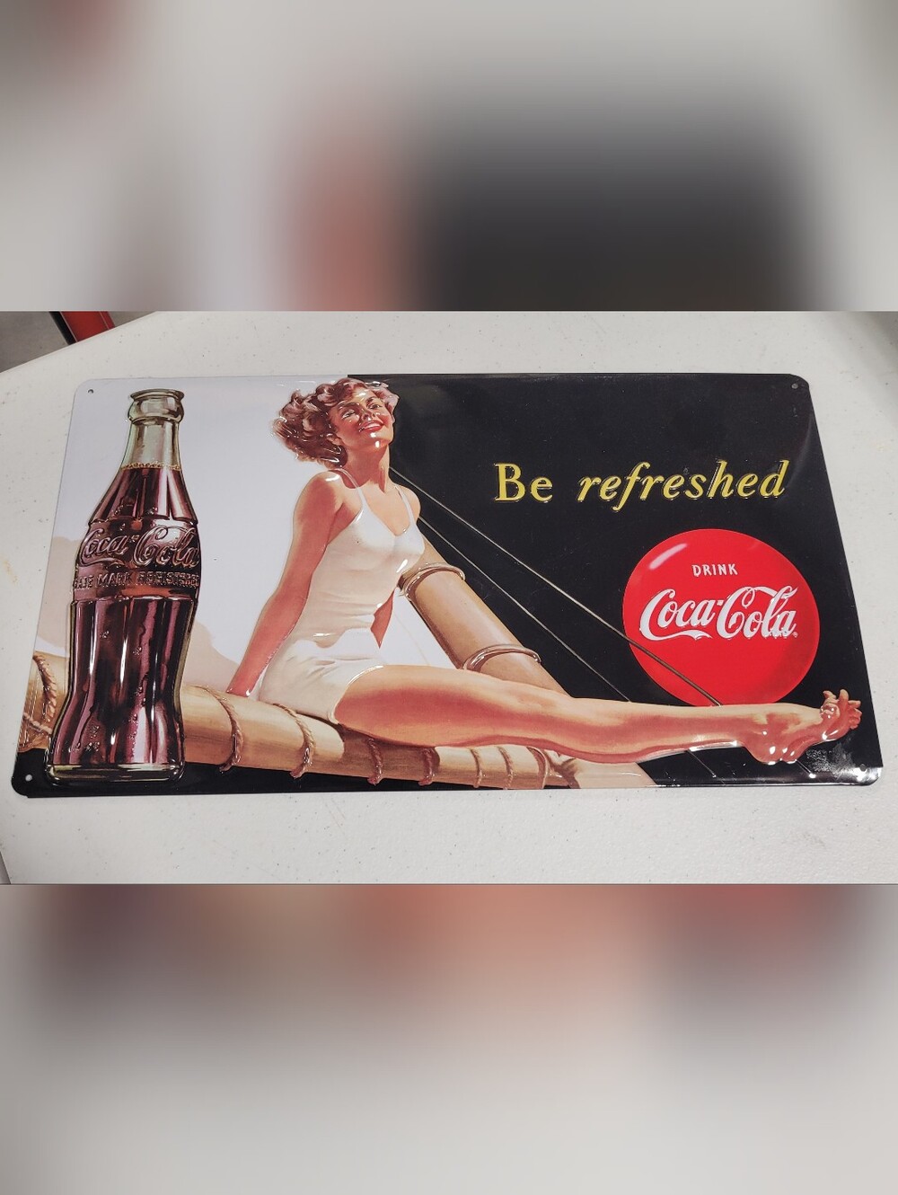 Coca Cola Retro Pin-Up Advertising Sign in Black, White, Red
